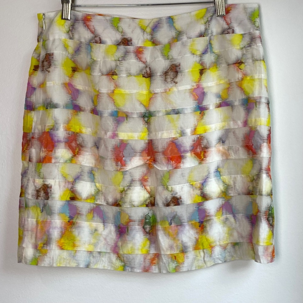 Ann Taylor Pencil Skirt Womens 10 Multi Color Tiered Silk Cotton Abstract Art